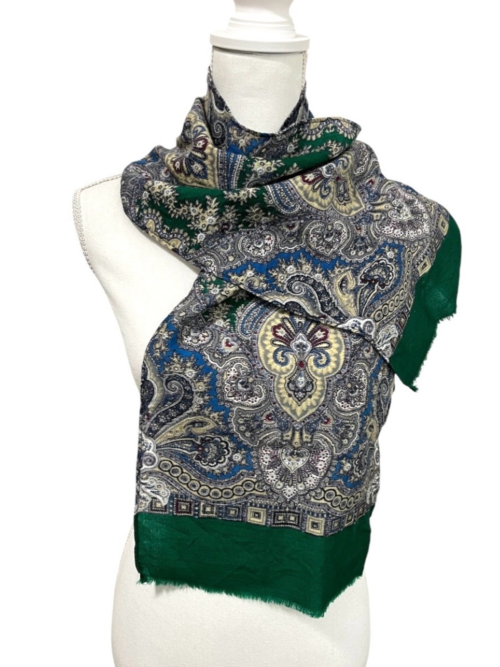 2/$10 Vintage Handmade Paisley Fringe Scarf - Green & Blue